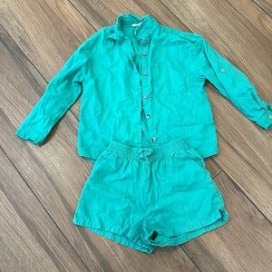 Girls green linen shorts set